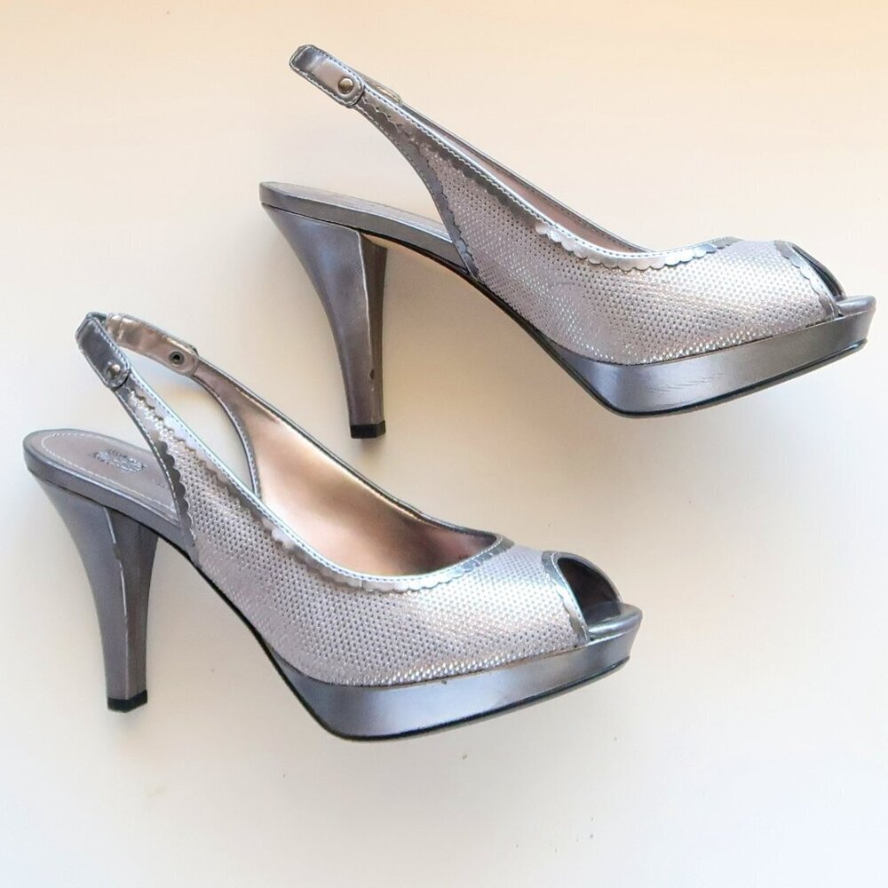 Anne Klein Silver Leather Leather Peep Toe Sling-back Platform Heels Pumps Shoes - Picture 11 of 16